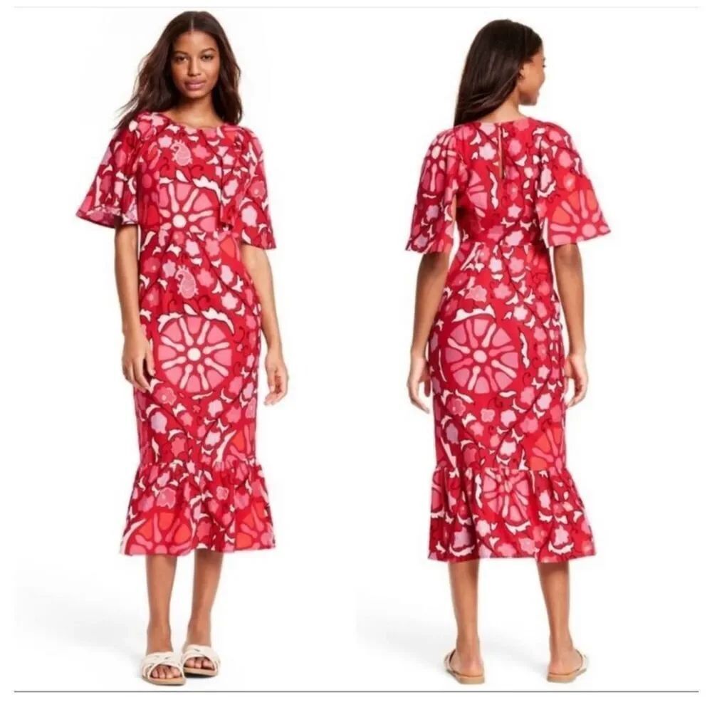 RHODE linen blend Large Zinnia Floral Print Bell Sleeve Midi Dress - Red Size 2